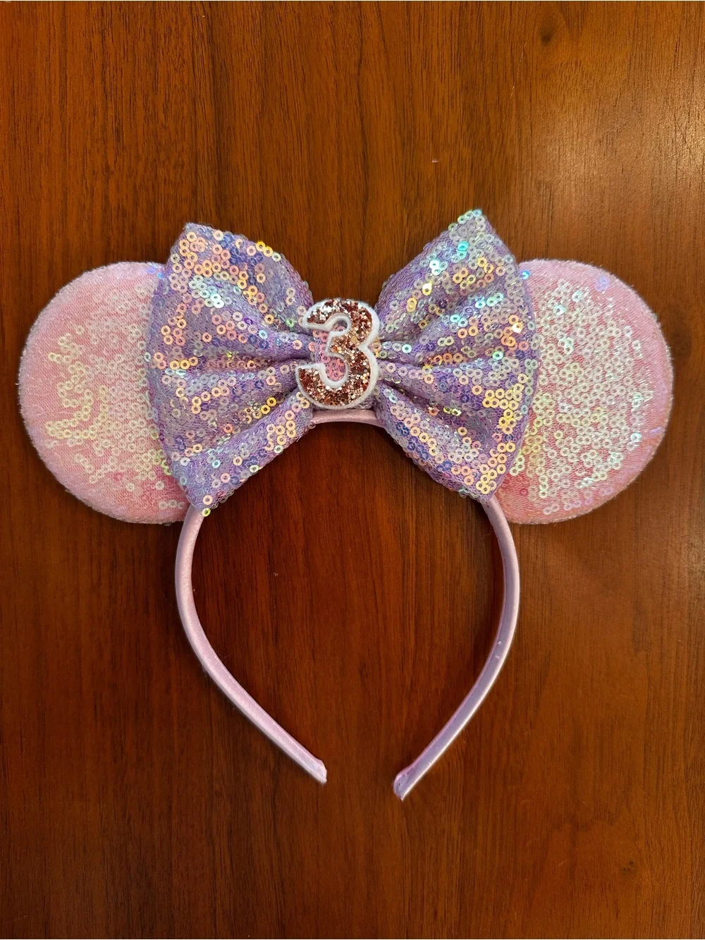 Girls Birthday Sequin Minnie Mouse Ear Headband with Number 3 Bow Pink / Black